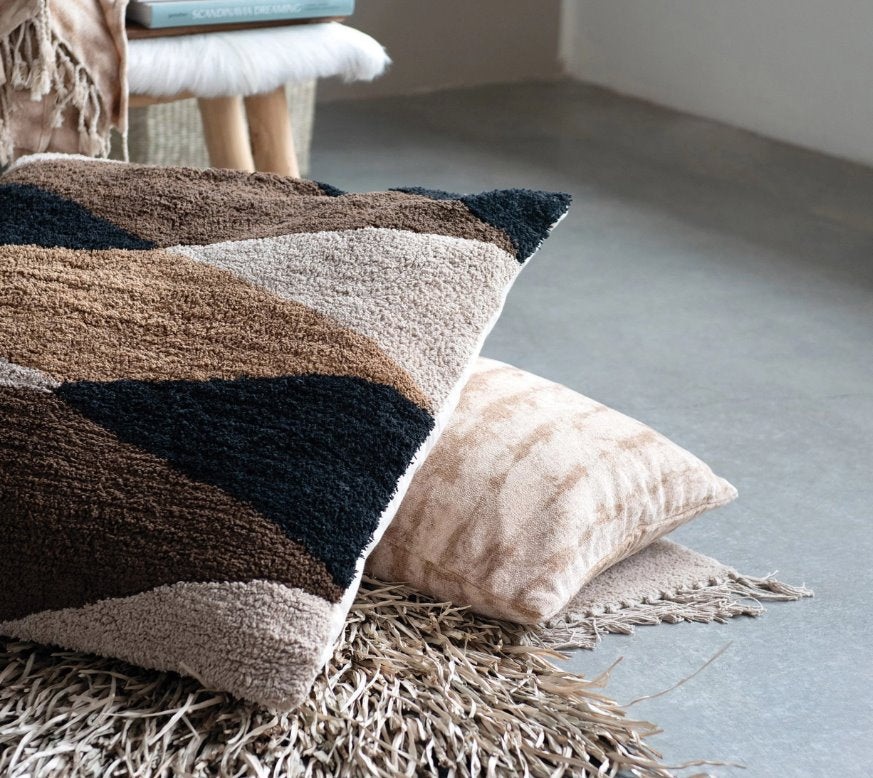 Cotton Blend Tie-Dyed Pillow: This gentle boho inspired tie-dyed 18" square pillow adds comfort and stylish elements with it's soft appearance. Have some fun mixing different patterns while having a neutral base of beige and sandstone colors to craft your unique style!