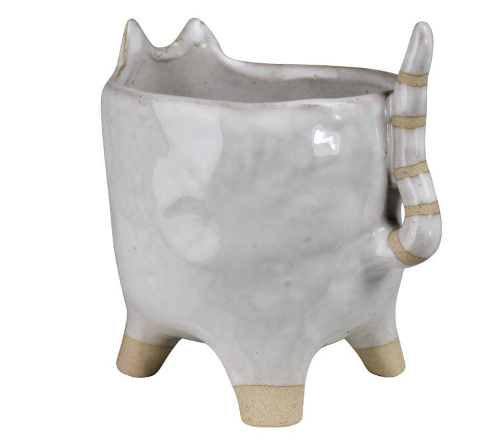 Ceramic Cat Cachepot: For all the feline lovers out there! Pay homage with this adorable grey/beige circular base watertight ceramic planter with a 3D tail and friendly kitty face.