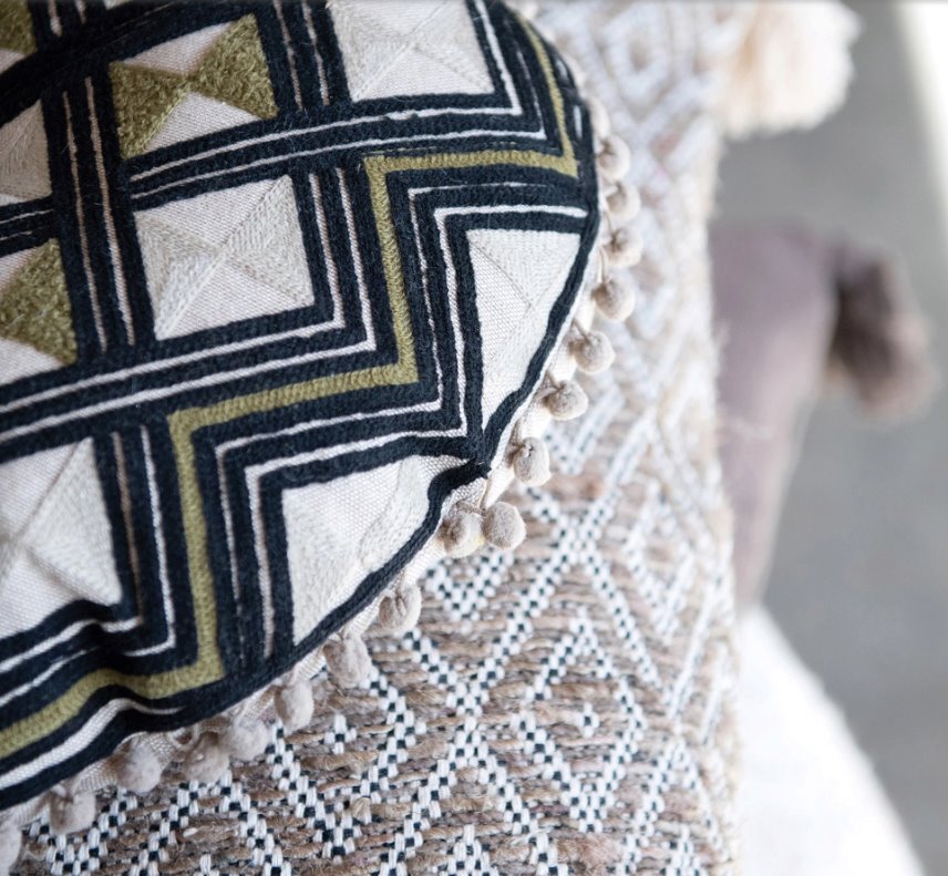 Embroidered Round Cotton Pillow with Pom Poms: Elevate your space with this cute textured multi-colored pattern pillow with pom poms along the edge. This pillow brings both comfort and unique style to your home.