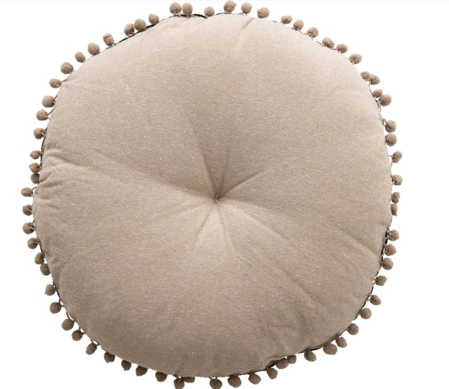 Embroidered Round Cotton Pillow with Pom Poms: Elevate your space with this cute textured multi-colored pattern pillow with pom poms along the edge. This pillow brings both comfort and unique style to your home.