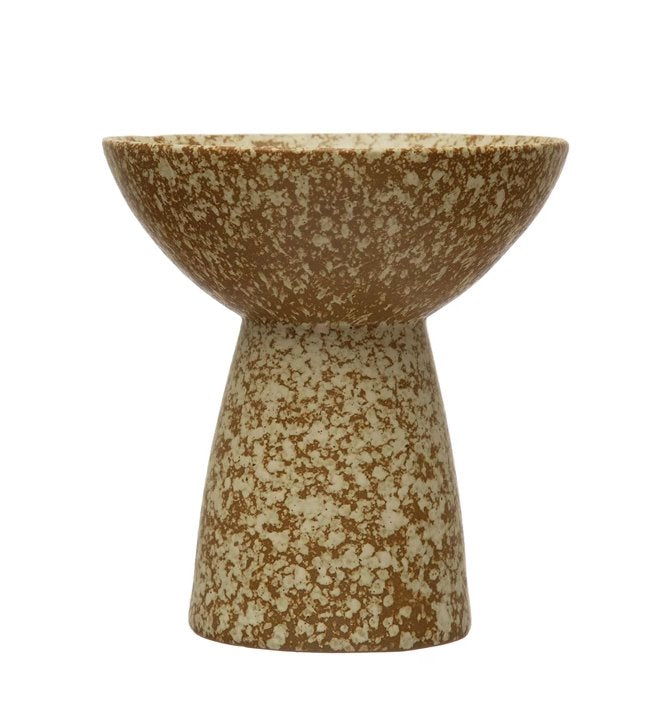 Speckled Reactive Glaze Stoneware Dish on Pedestal: Stoneware is the ideal material for holding food which makes this dish on a pedestal a stylish way to display food or bits and bobs. With the reactive glaze each one will vary in unique finishes.