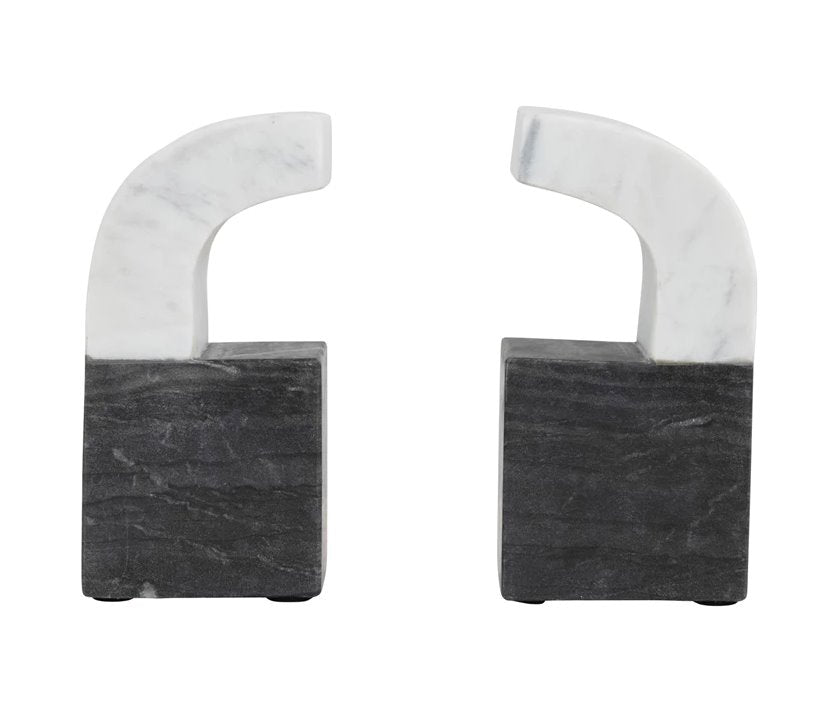 Two-Tone Marble Bookends: Bookends that bring a splash of modern design elements into your home. What sets these apart are the curved white marble ends conflicting with the sturdy black marble base.