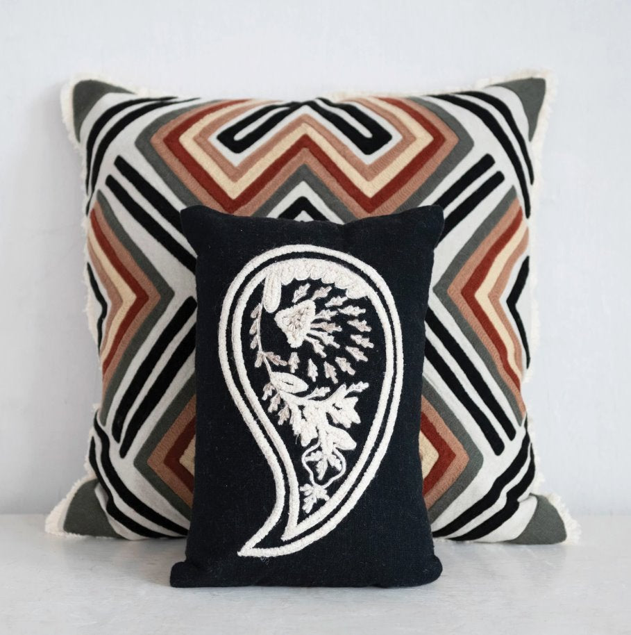 Cotton Embroidered Pattern Pillow w/ Fringe, Polyester Fill: Style View