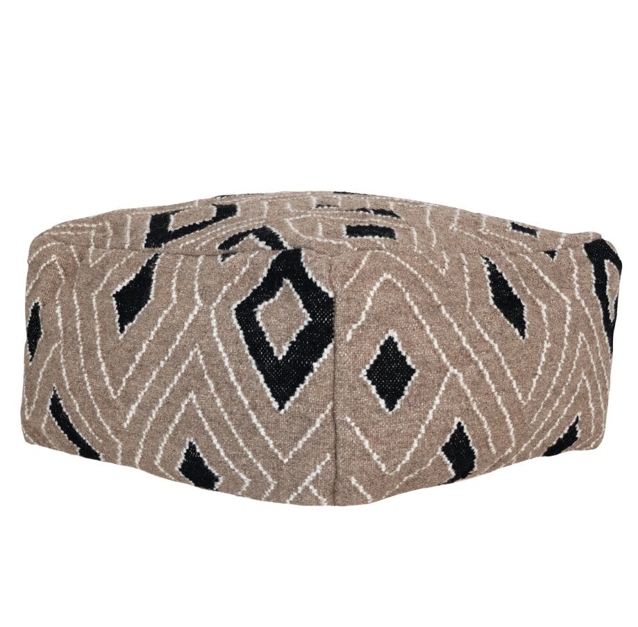 Woven Wool Blend Pouf with Design: Side View