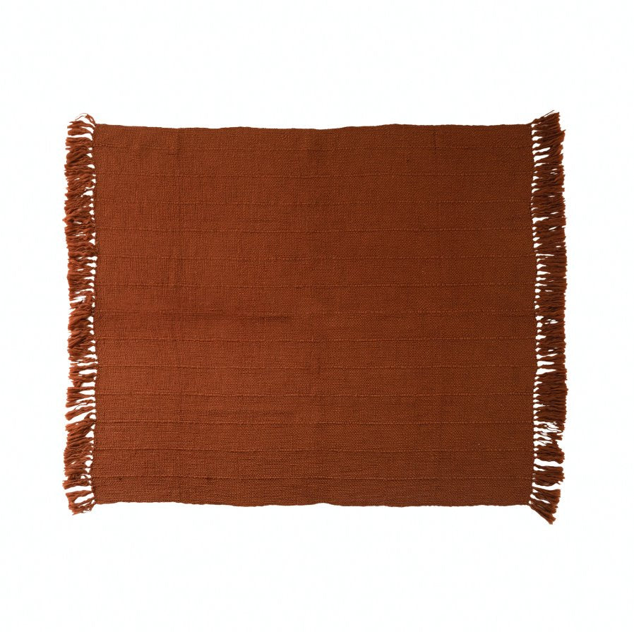 Rust Woven Wool and Acrylic Throw Blanket with Fringe: Unfolded View