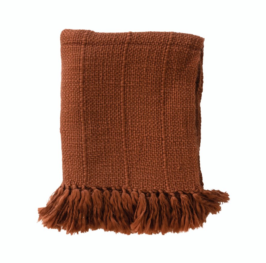 Rust Woven Wool and Acrylic Throw Blanket with Fringe: Available at City Home PDX