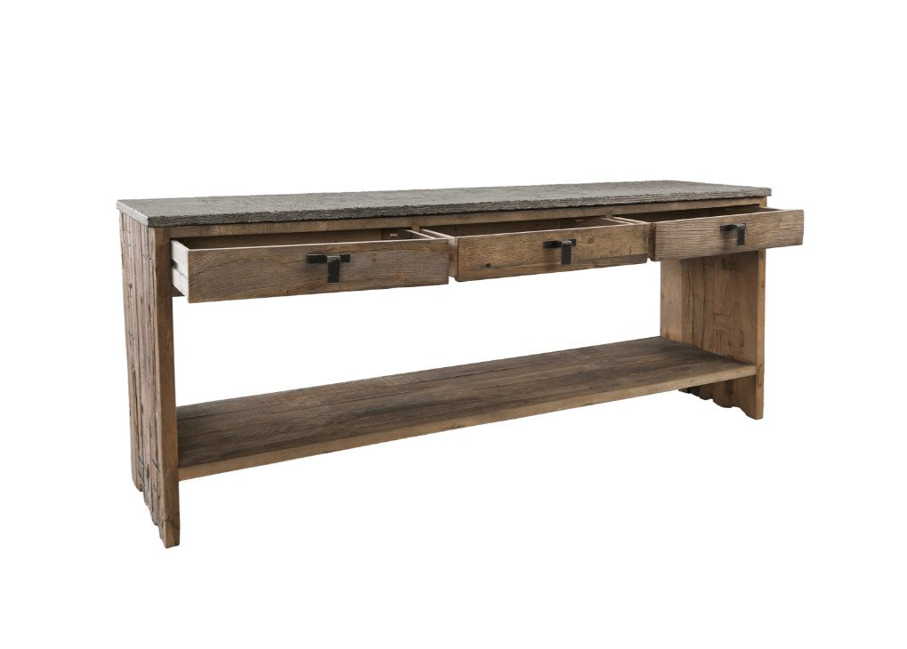 Ellen 3Dwr Reclaimed Wood Console Table: Drawers Open View