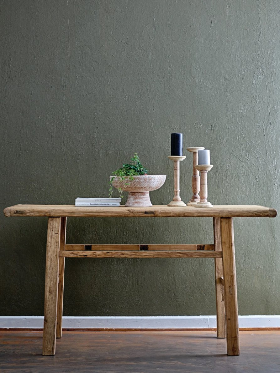 Reclaimed Elm Wood Console Table Styled with bowls and candles