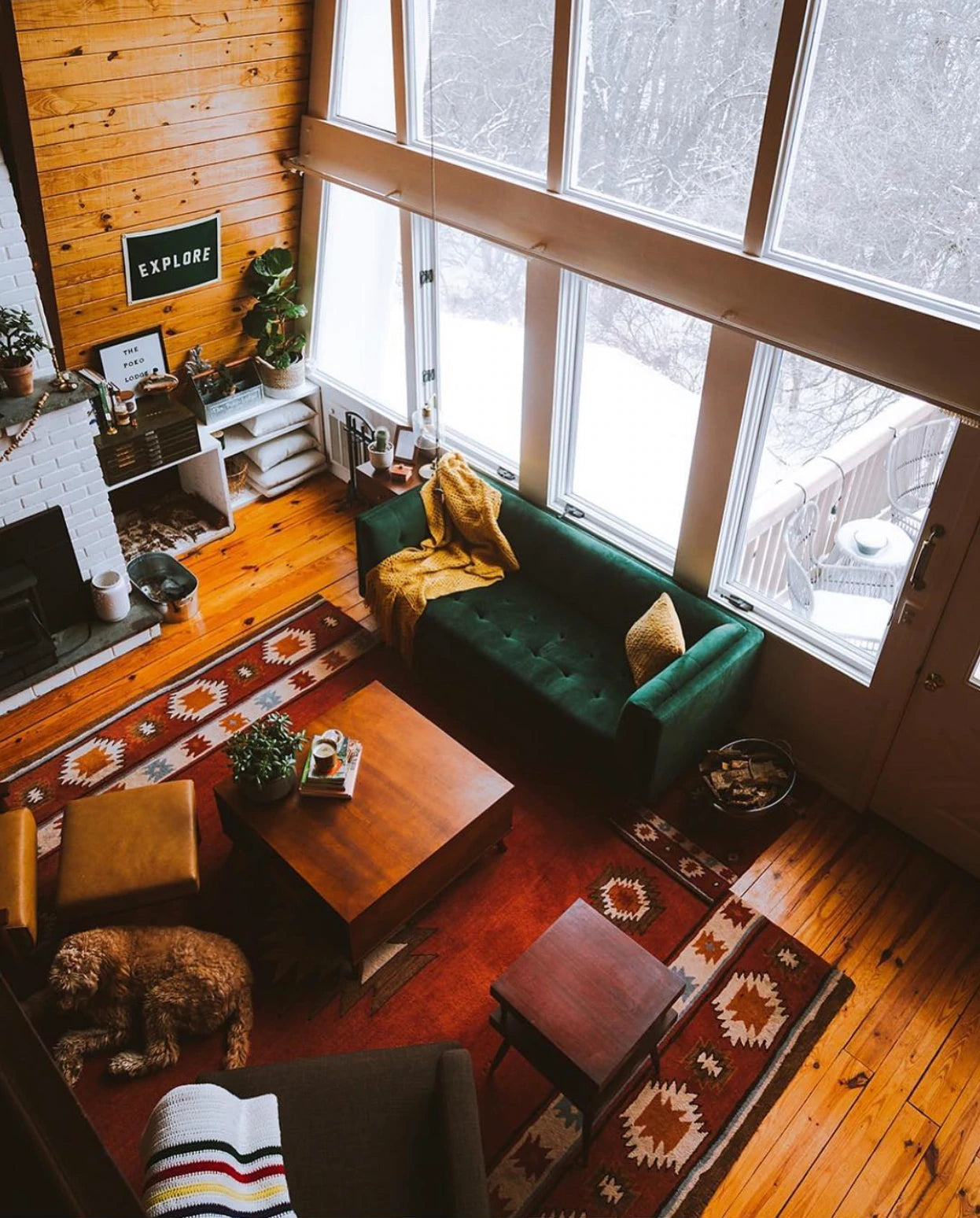 Explore Camp Flag styled in a cabin
