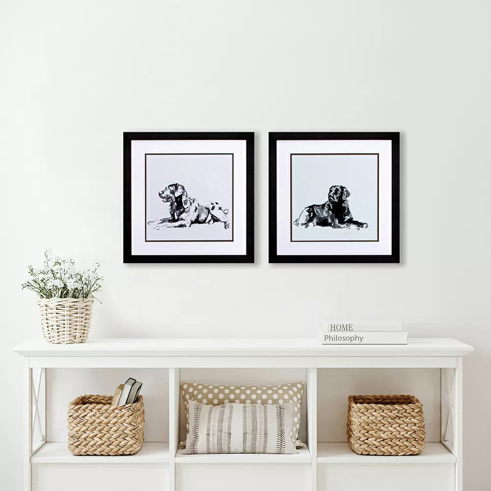 Modern Dogs Framed Wall Art, Set of 2 - styled above an entryway cabinet