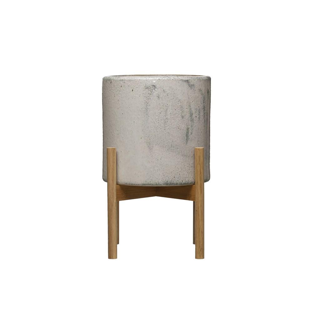 Stoneware Planter w/ Wood Stand - Creative Co-Op