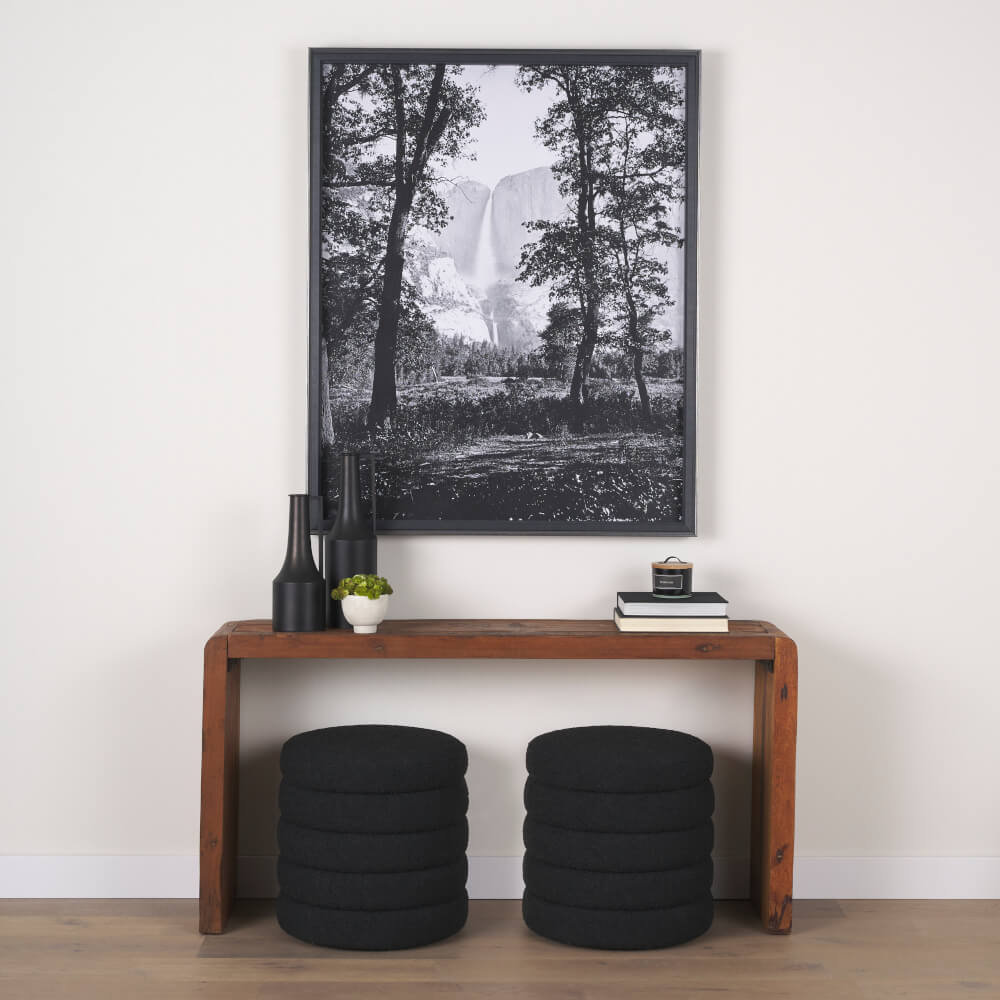 Yosemite Falls Framed Wall Art - styled above a console table and matching stools
