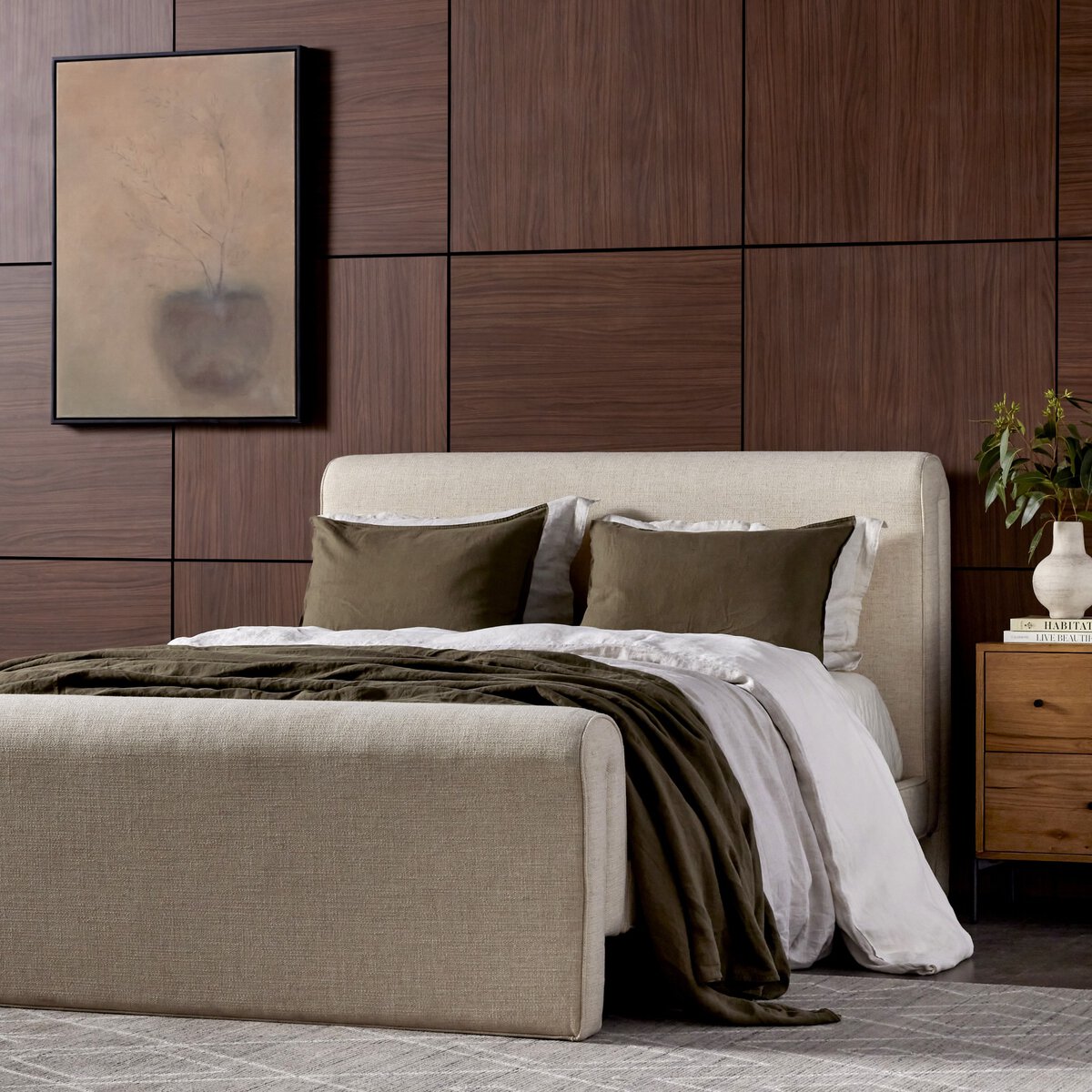 Mitchell Bed - styled with olive bedding