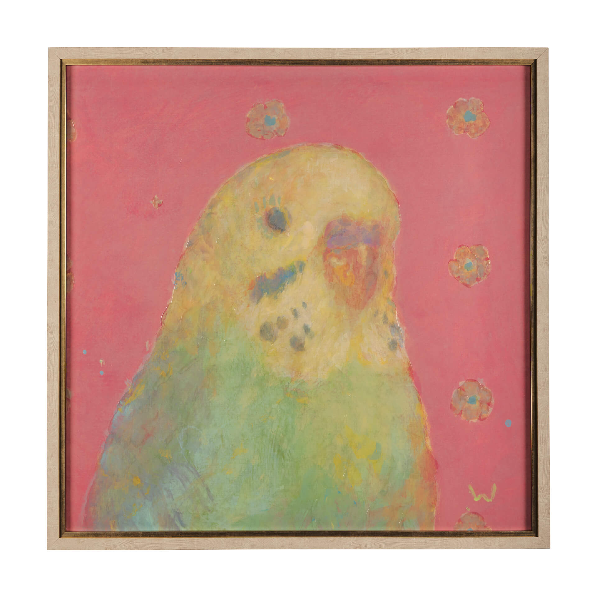 Pop Birds IV Framed Wall Art - painting of a parakeet with a pink background
