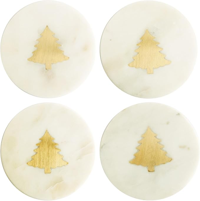 Marble Coasters w/ Brass Tree Inlay, White, Set of 4