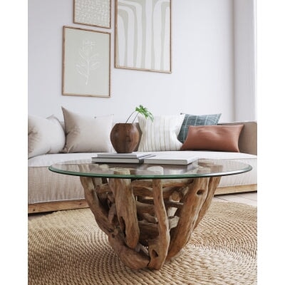 Jethro Reclaimed Teak Coffee Table - styled in a living room with a textured rug and cream colored sofa