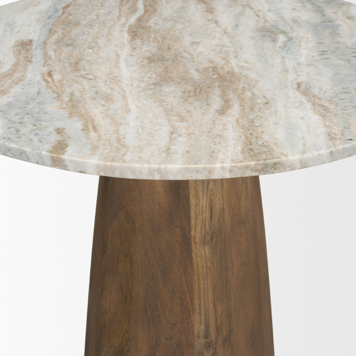Allyson 32" Round Bistro Table-Savar Pink Marble & Brown Wood: Up-Close Tabletop Edge View
