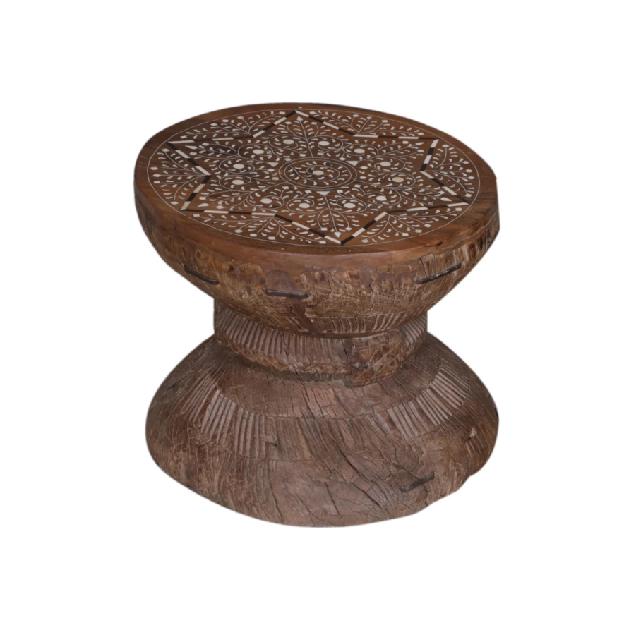 Wooden Stool with Bone Inlay