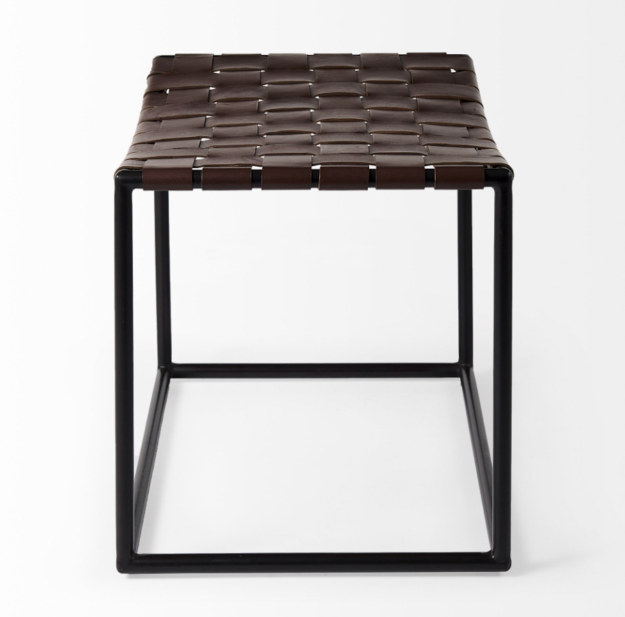 Clarissa Woven Stool-Brown Leather: Product Side View