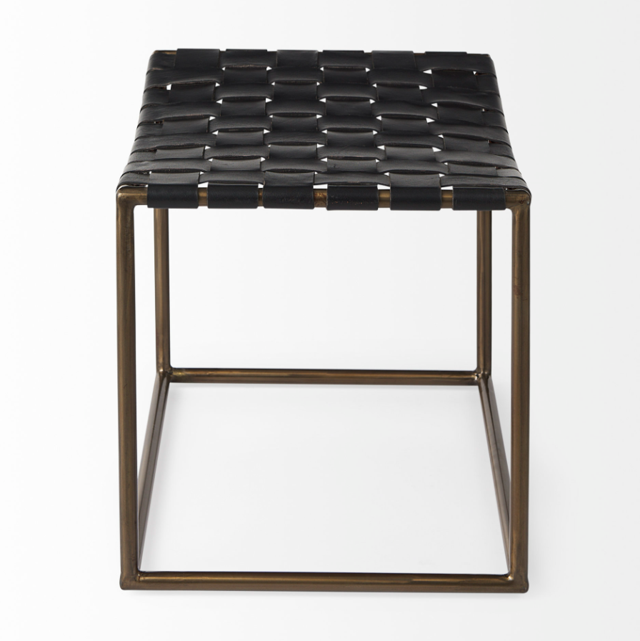 Clarissa Woven Stool-Black Leather: Product Side View