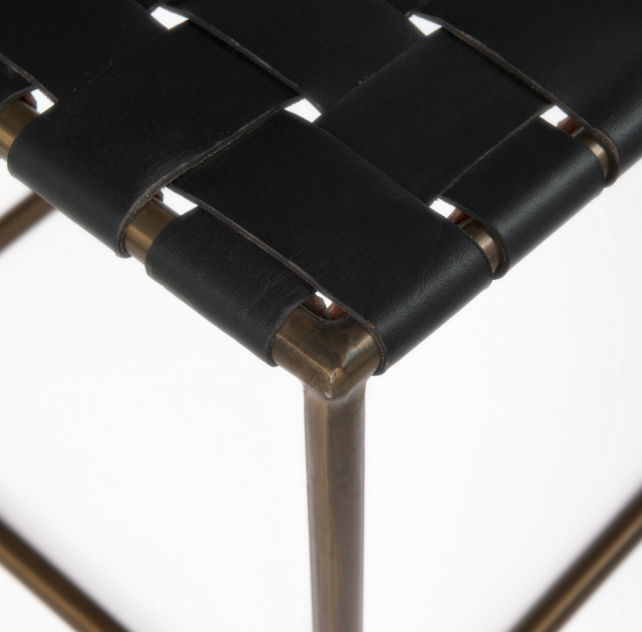 Clarissa Woven Stool-Black Leather: Product Corner View