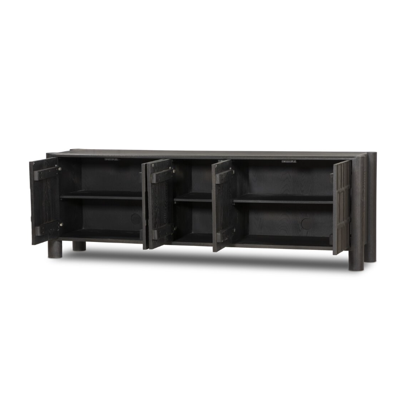 Ezri Media Console-Black Oak: Open Cabinet Doors Product View
