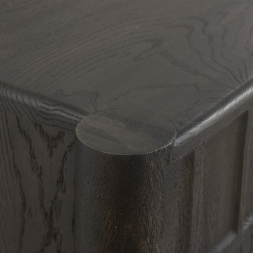 Ezri Media Console-Black Oak: Product Corner View