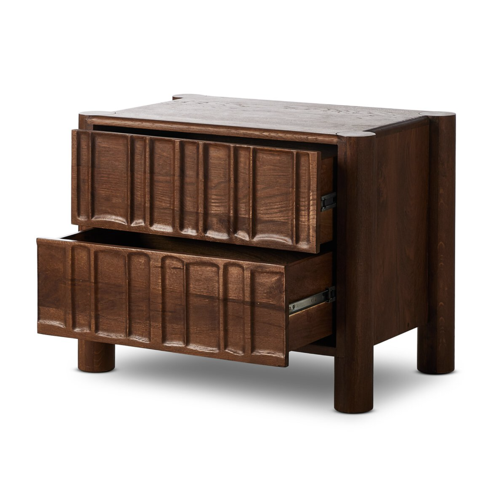 Ezri Nightstand: Open Drawers View