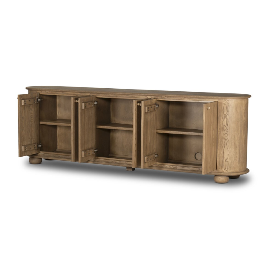 Amber Lewis X Four Hands Makai Sideboard-Light Wash Oak: Open Cabinet Doors View