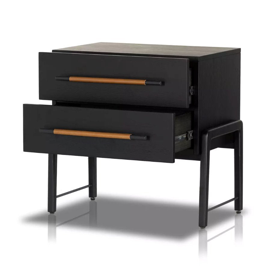 Rosedale Nightstand in Ebony Oak Veneer: Open Drawers View