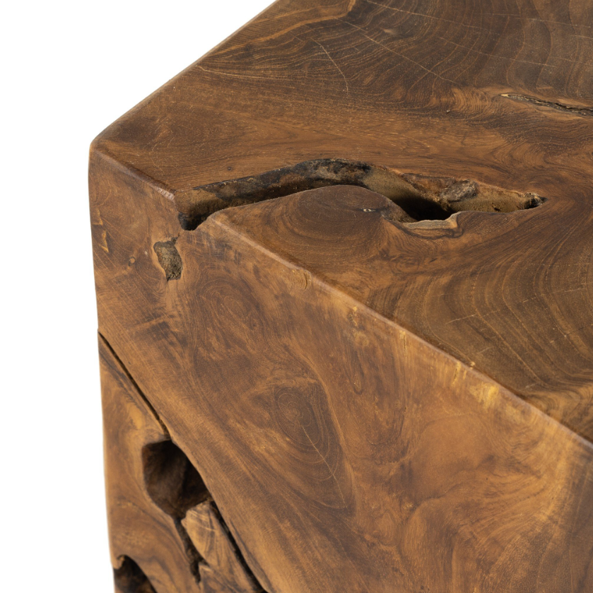 Teak Square Stool: Up-Close Product Corner View