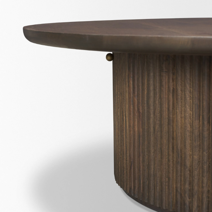 Terra Round Fluted Coffee Table-Dark Brown Wood: Up-Close Product Side View