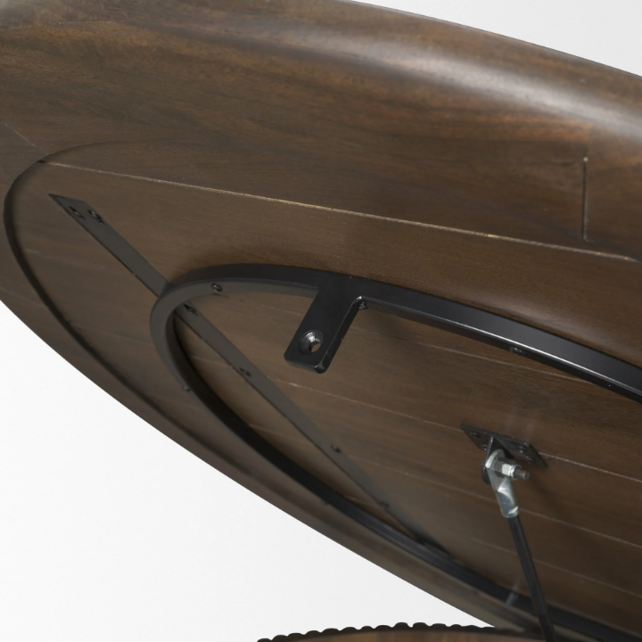 Terra Round Fluted Coffee Table-Dark Brown Wood: Up-Close Hydraulic Lift View