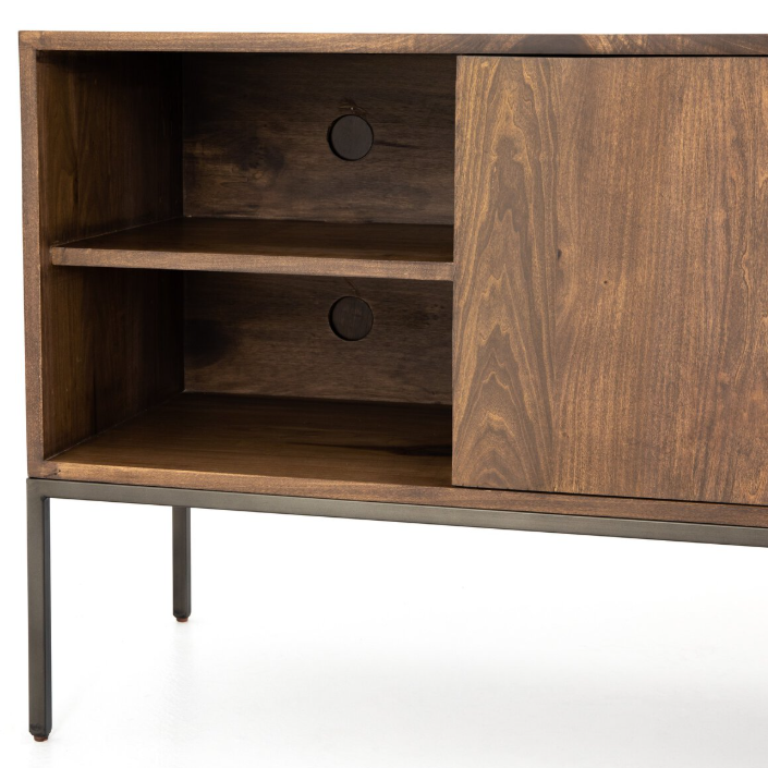 Trey Media Console-Auburn Poplar: Up-Close Open Storage View