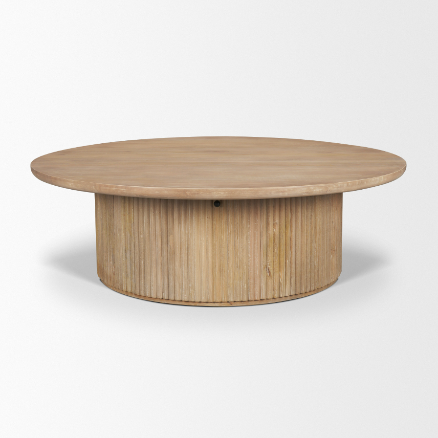 Terra Round Fluted Coffee Table-Light Brown Wood: Front Product View