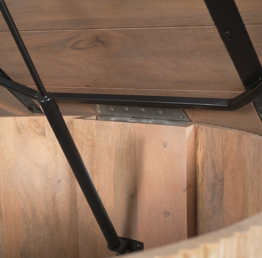 Terra Round Fluted Coffee Table-Light Brown Wood: Up-Close Product Hydraulic Lift View
