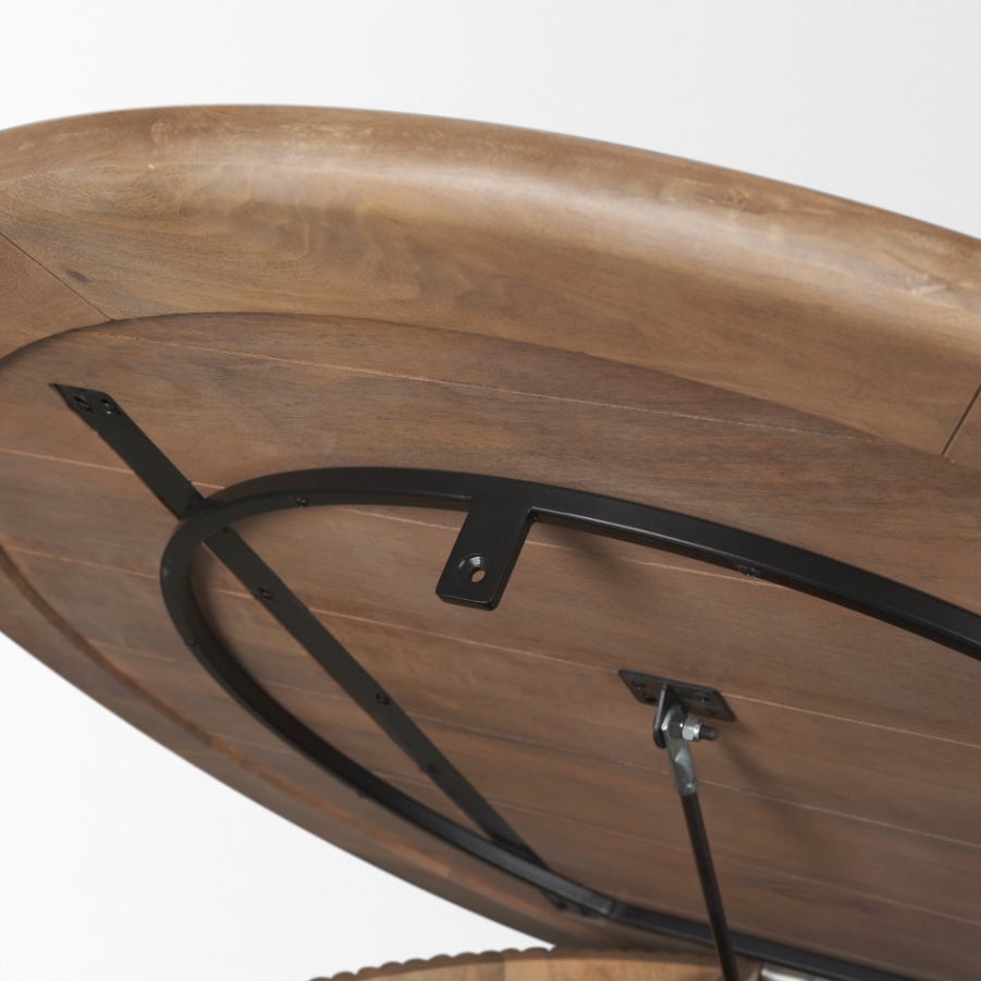 Terra Round Fluted Coffee Table-Light Brown Wood: 2nd Up-Close Hydraulic Lift View