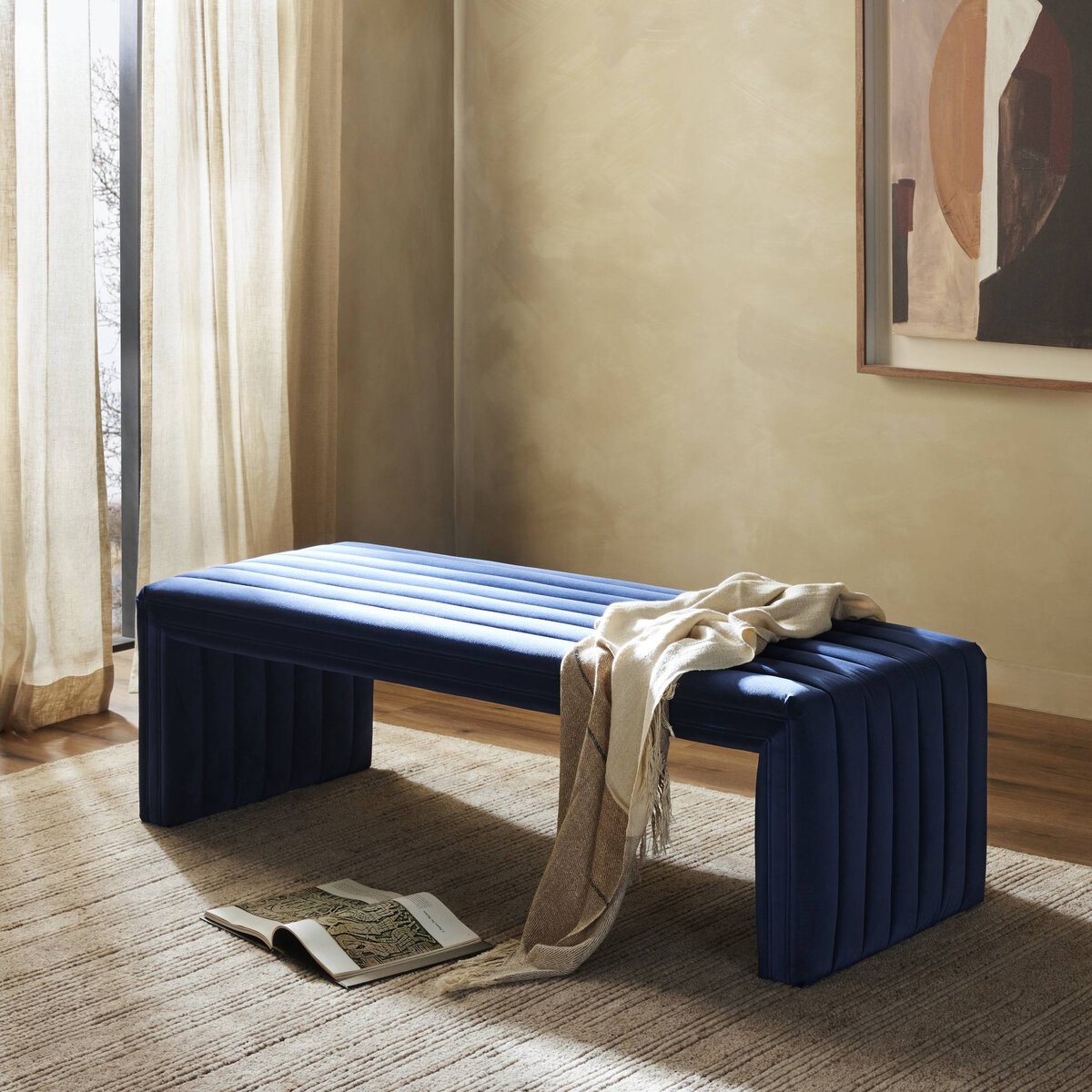 Augustine Bench by Four Hands - styled with a warm beige rug