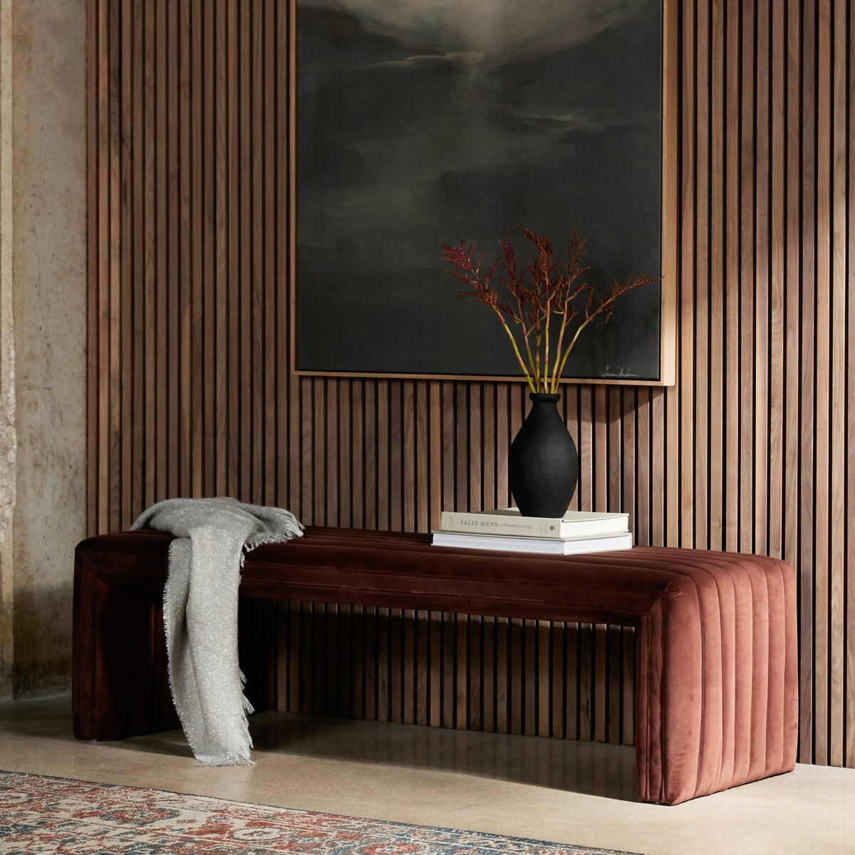 Augustine Bench in surrey auburn - styled in an entryway