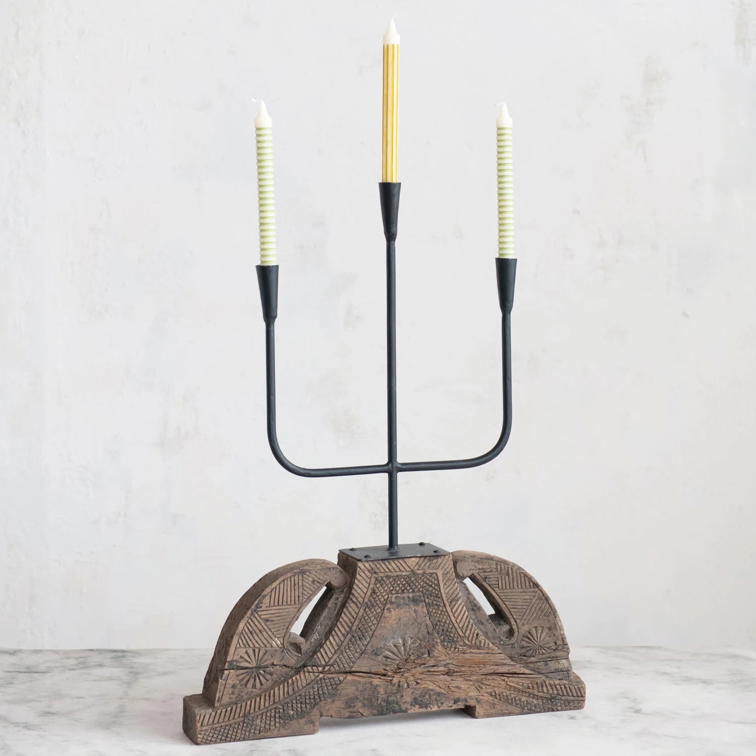 Cast Iron Candelabra - styled with striped taper candles