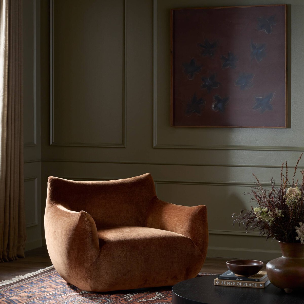 Margot Swivel Chair - styled in a living room with a rug