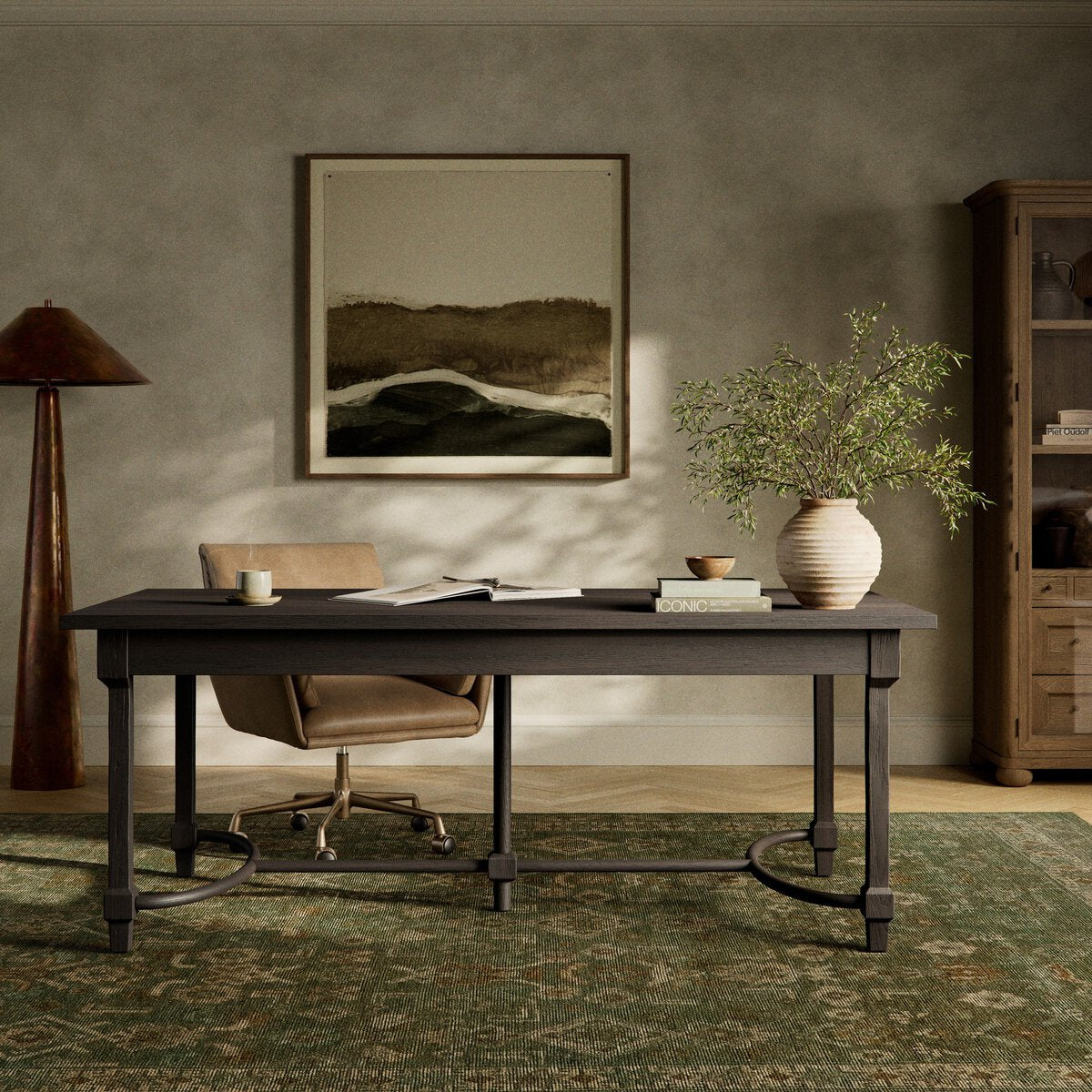 Amber Lewis x Four Hands Edison Desk - styled in an office with a leather chair