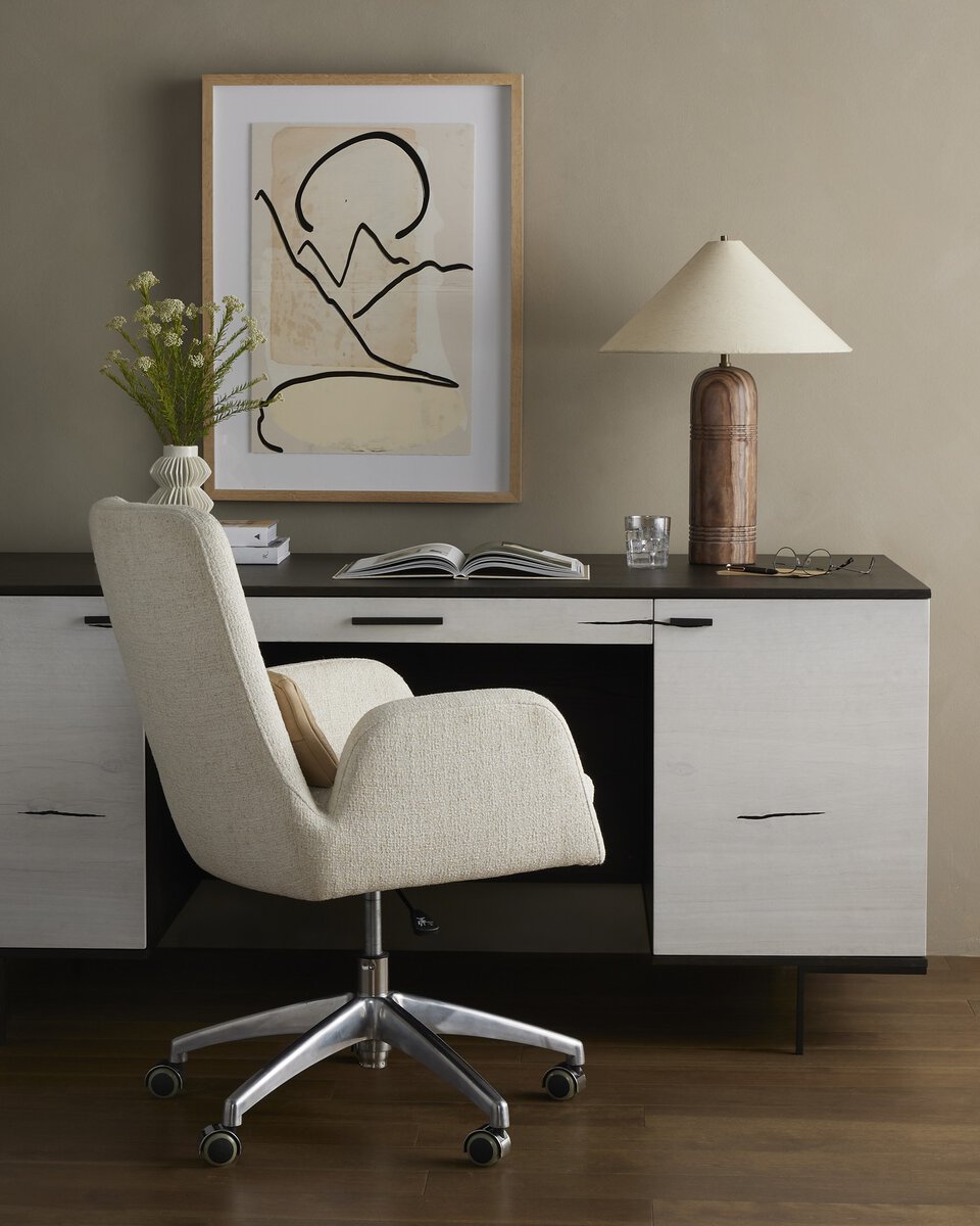 Leda Desk Chair - styled at a desk with artwork