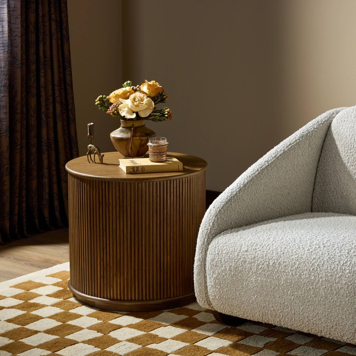 Ona End Table - styled with a boucle sofa