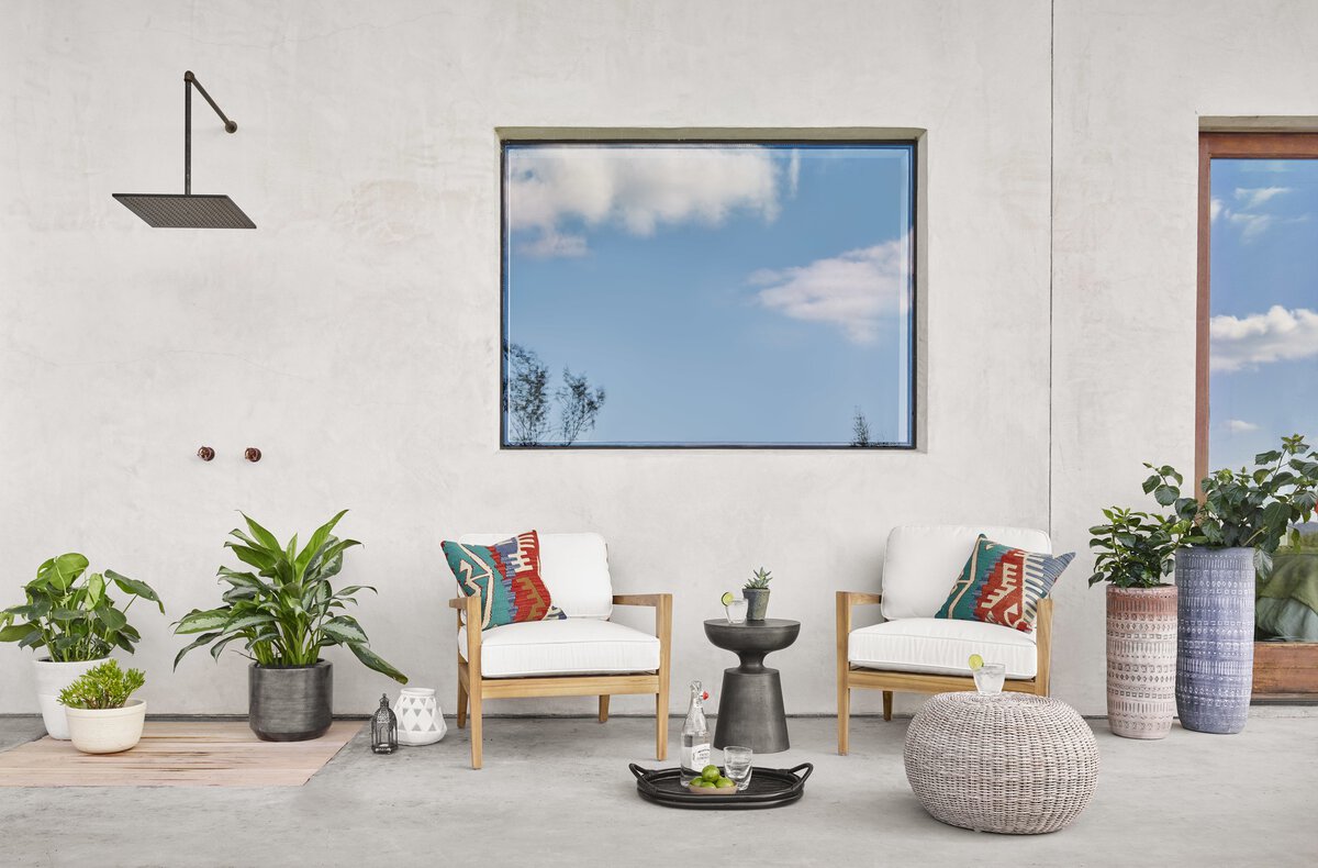Phoenix Outdoor Accent Stool - styled with white outdoor chairs as a drink table