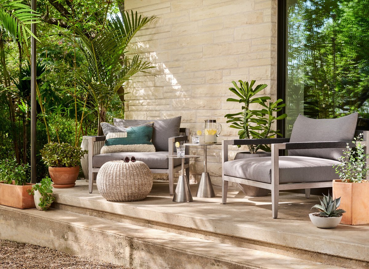 Phoenix Outdoor Accent Stool - styled as an ottoman with outdoor chairs