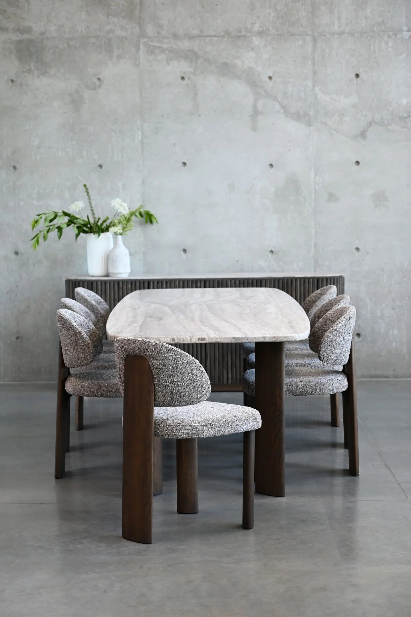 Shoku Dining Table - styled in a  modern dining area with the Sake chair