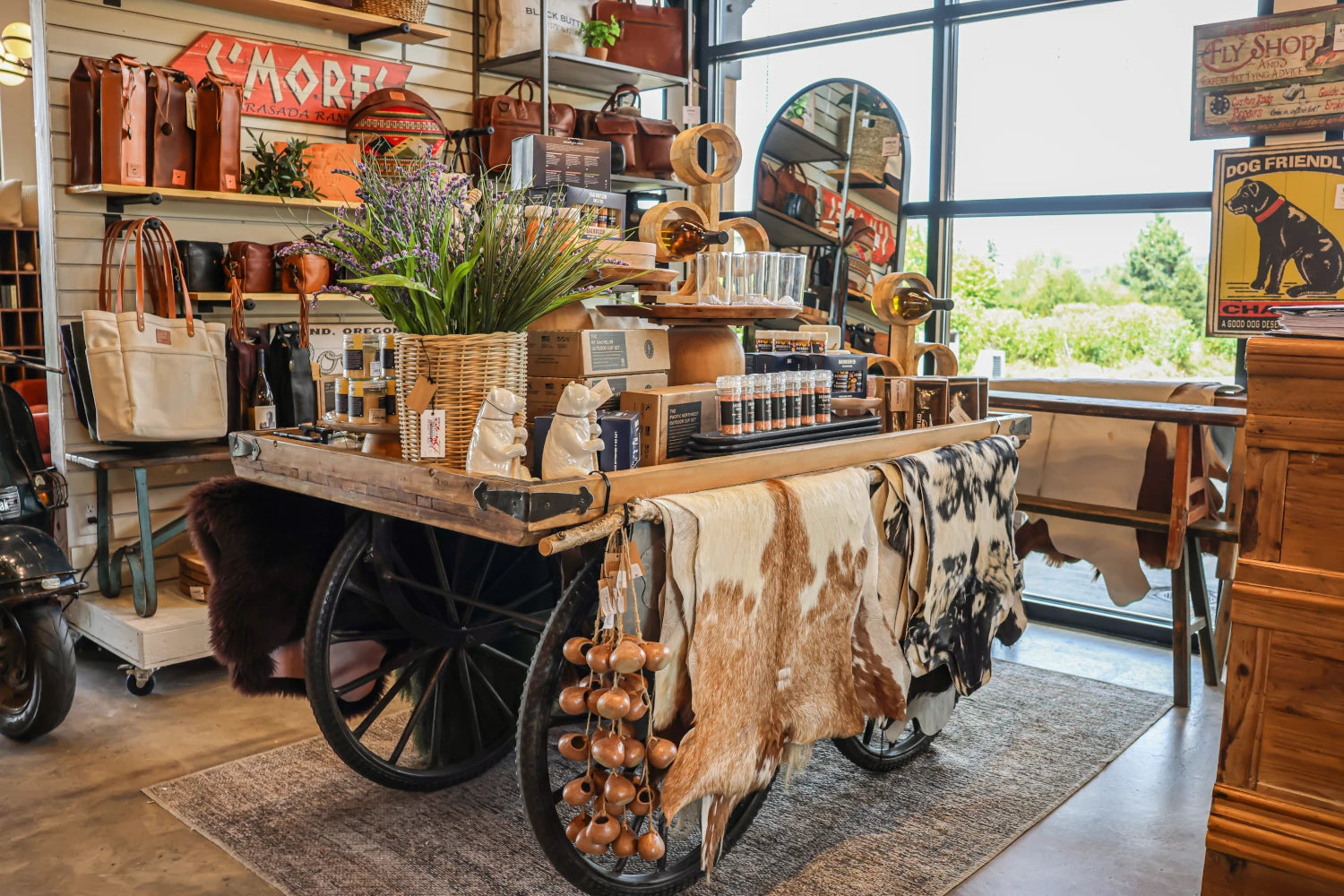 City Home store display featuring natural cow hides, unique ceramics, local products, and other great gifts in Bend Oregon.