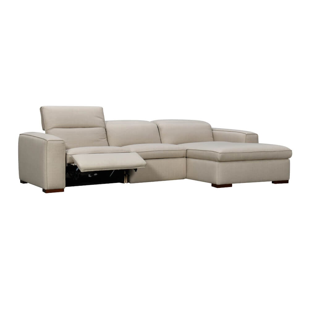 Westwood Reclining Sofa in Broderick Oat - shown in the right-hand facing configuration with a seat reclined