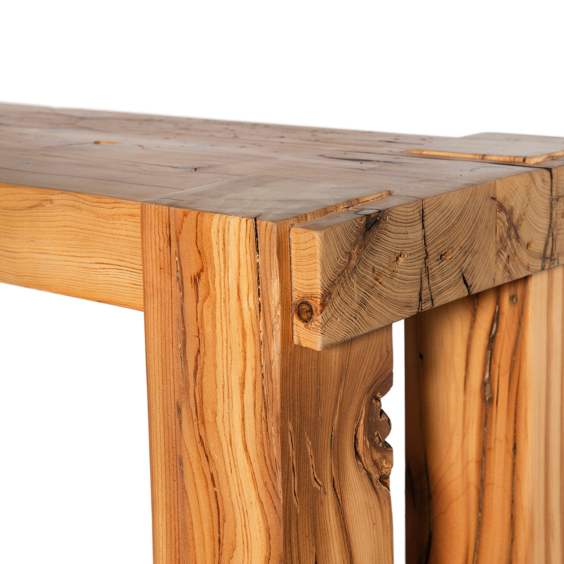 Alvaro bench detail showing reclaimed pine